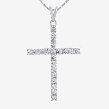 Womens 1 CT. T.W. Genuine White Diamond 10K White Gold Cross Pendant Necklace