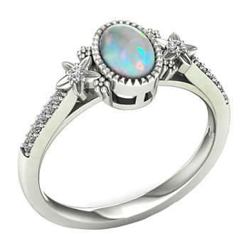 Womens Genuine White Opal 10K White Gold Halo Cocktail Ring