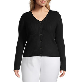 Worthington Womens V Neck Long Sleeve Button Cardigan Plus
