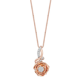 Enchanted Disney Fine Jewelry Womens 1/10 CT. T.W. Genuine White Diamond 10K Rose Gold Flower Belle Pendant Necklace