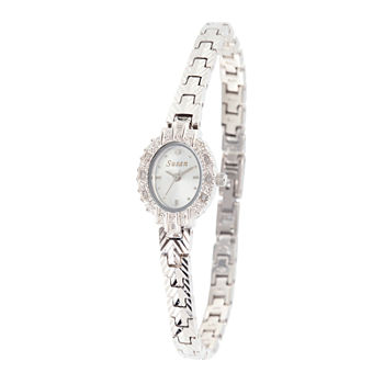 Personalized Dial Womens Diamond-Accent Oval Silver-Tone Bracelet Watch