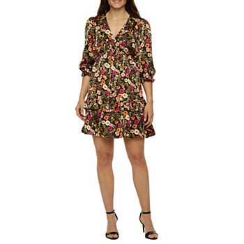 Melonie T 3/4 Sleeve Floral Fit + Flare Dress