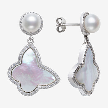 Genuine White Mother Of Pearl Cultured Freshwater Pearl Sterling Silver Butterfly Drop Earrings