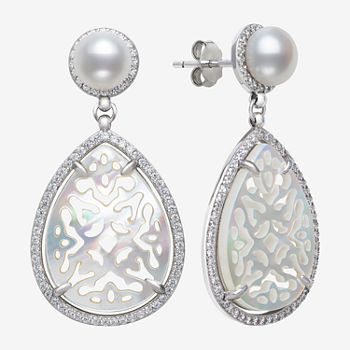 Genuine White Mother Of Pearl Cultured Freshwater Pearl Sterling Silver Drop Earrings