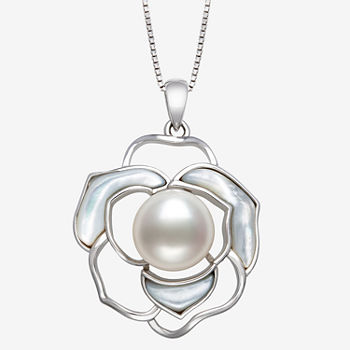Womens Genuine White Mother Of Pearl Cultured Freshwater Pearl Sterling Silver Flower Pendant Necklace