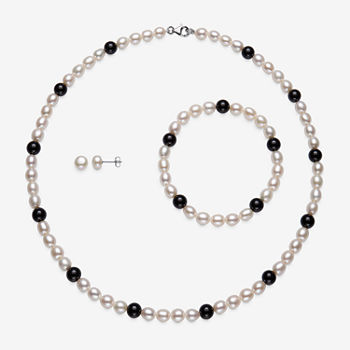Genuine Black Onyx Cultured Freshwater Pearl Sterling Silver 3-pc. Jewelry Set