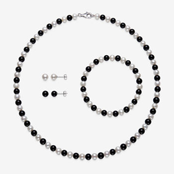 Genuine Black Onyx Cultured Freshwater Pearl Sterling Silver 3-pc. Jewelry Set