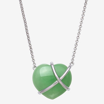 Womens Genuine Green Jade Sterling Silver Heart Pendant Necklace