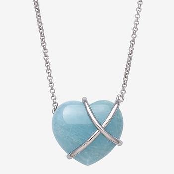 Womens Genuine Blue Aquamarine Sterling Silver Heart Pendant Necklace