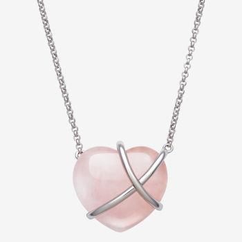 Womens Genuine Pink Quartz Sterling Silver Heart Pendant Necklace