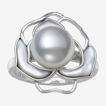 Womens 9-10MM Genuine White Cultured Freshwater Pearl Mother Of Pearl Sterling Silver Flower Cocktail Ring