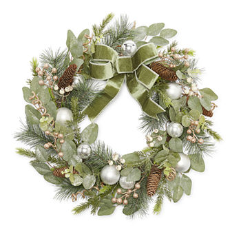 North Pole Trading Co. Green Velvet Silver Glitter Indoor Pre-Lit Christmas Wreath