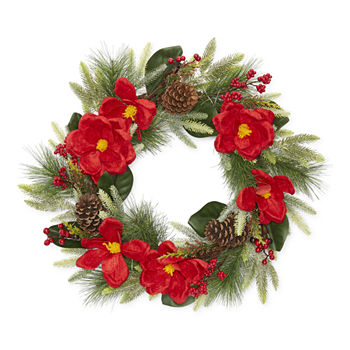 North Pole Trading Co. Red Amarylis Indoor Pre-Lit Christmas Wreath