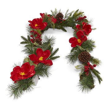 North Pole Trading Co. Red Amarylis Pre-Lit Indoor Christmas Garland