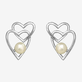 Silver Treasures Simulated Pearl Sterling Silver 16mm Heart Stud Earrings