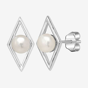 Silver Treasures Simulated Pearl Sterling Silver 13mm Diamond Stud Earrings
