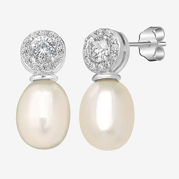 Silver Treasures Cubic Zirconia Simulated Pearl Sterling Silver 13.9mm Round Stud Earrings