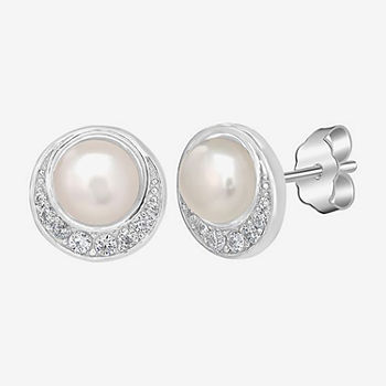Silver Treasures Cubic Zirconia Simulated Pearl Sterling Silver 8.5mm Round Stud Earrings