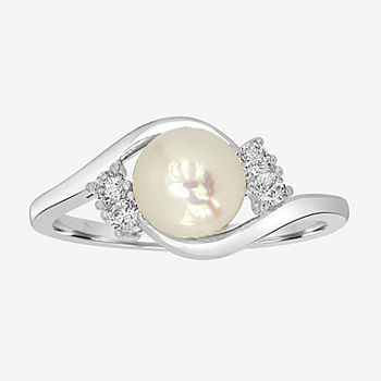 Silver Treasures Cubic Zirconia Simulated Pearl Sterling Silver Round Bypass  Cocktail Ring
