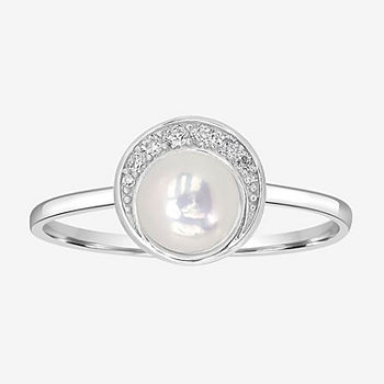 Silver Treasures Cubic Zirconia Simulated Pearl Sterling Silver Round Band
