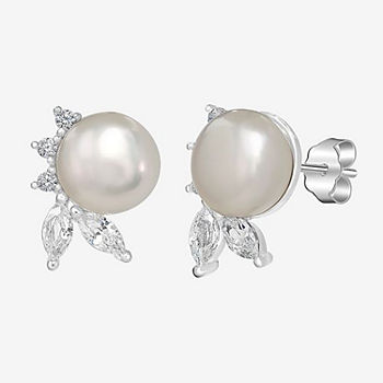 Silver Treasures Cubic Zirconia Simulated Pearl Sterling Silver Round Stud Earrings