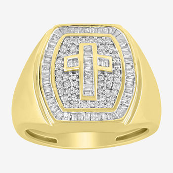 Mens 3/4 CT. T.W. Genuine White Diamond 10K Gold Cross Fashion Ring