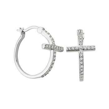 DiamonArt® Cubic Zirconia Sterling Silver Cross Hoop Earrings