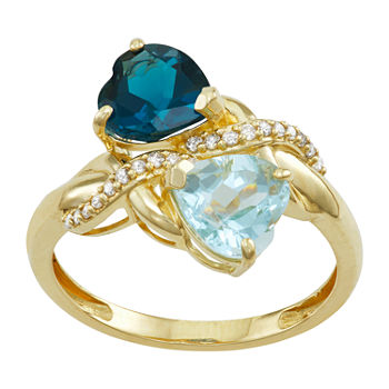 Womens Genuine Blue Aquamarine & 1/10 CT. T.W. Genuine White Diamond 10K Gold Heart Cocktail Ring