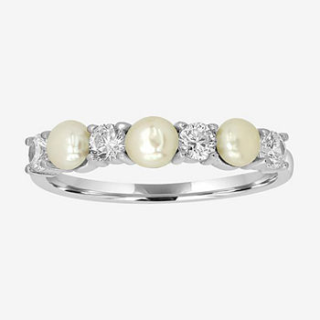 Silver Treasures Cubic Zirconia Simulated Pearl Sterling Silver Band