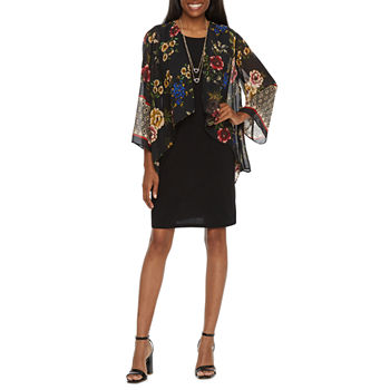 Studio 1 3/4 Sleeve Floral Faux-Jacket Dress with Attached Necklace