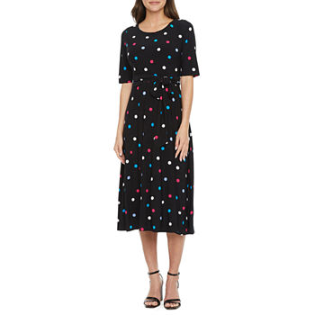 Black Label by Evan-Picone Short Sleeve Dots Midi Fit + Flare Dress