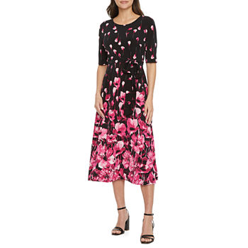 Black Label by Evan-Picone 3/4 Sleeve Floral Midi Fit + Flare Dress