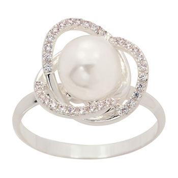 Sparkle Allure Simulated Pearl Cubic Zirconia Pure Silver Over Brass Cocktail Ring