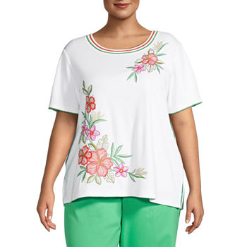 Alfred Dunner Tiki Time Womens Plus Crew Neck Short Sleeve T-Shirt