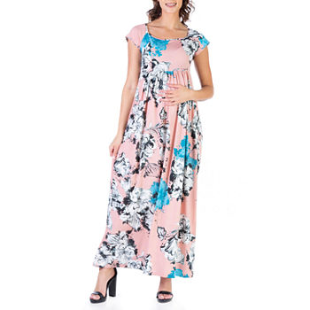 24/7 Comfort Apparel Maternity Short Sleeve Floral Maxi Dress
