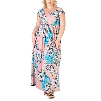 24/7 Comfort Apparel Plus Short Sleeve Floral Maxi Dress