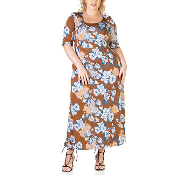 24/7 Comfort Apparel Plus Short Sleeve Floral Maxi Dress