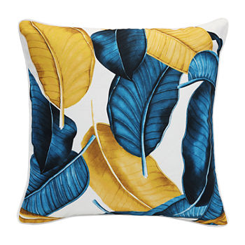 Decorative Aqua Leaf Print Zip Cover Square Outdoor Pillow