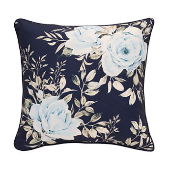 Decorative Navy Floral Print Zip Cover Square Outdoor Pillow