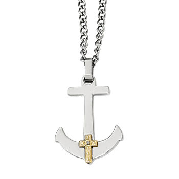 Mens Diamond Accent Stainless Steel & 14K Yellow Gold Anchor Mariner Cross Pendant