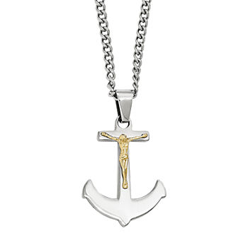Mens Stainless Steel 14K Yellow Gold Crucifix Anchor Pendant Necklace