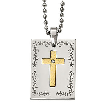 Mens Diamond Accent Stainless Steel & 18K Yellow Gold Polished Cross Dog Tag Pendant