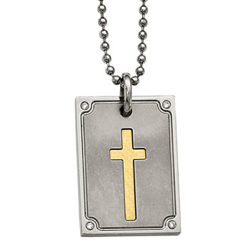 Mens Diamond Accent Stainless Steel & 18K Yellow Gold Cross Dog Tag Pendant