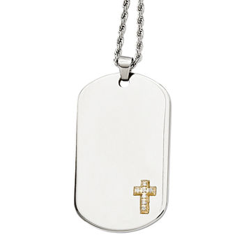Mens Diamond Accent Stainless Steel & 14K Yellow Gold Dog Tag Cross Pendant