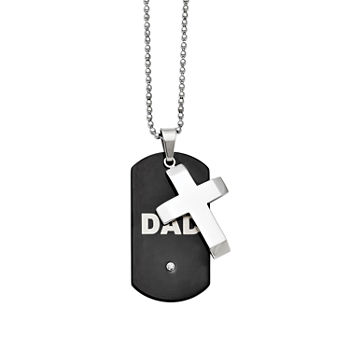 Mens Cubic Zirconia Stainless Steel Black Ion-Plated "Dad" Cross Dog Tag Pendant