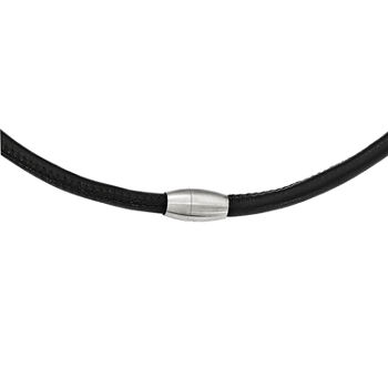 Mens Stainless Steel & Black Leather Choker Necklace