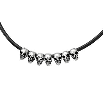 Mens Stainless Steel Antiqued Skulls & Leather Cord Choker Necklace