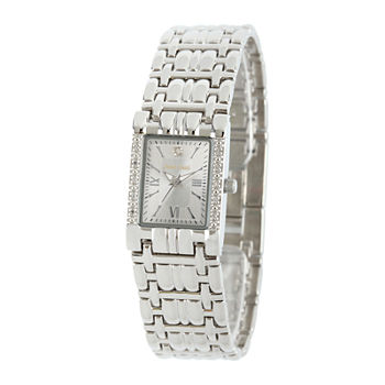Personalized Dial Womens Diamond-Accent Square Silver-Tone Bracelet Watch