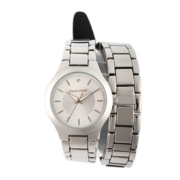 Personalized Dial Womens Diamond-Accent Silver-Tone Wrap Bracelet Watch