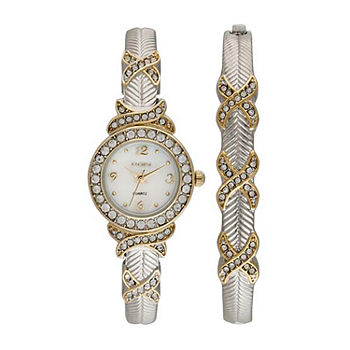 Elgin Womens Crystal-Accent Two-Tone Bangle and Watch Set